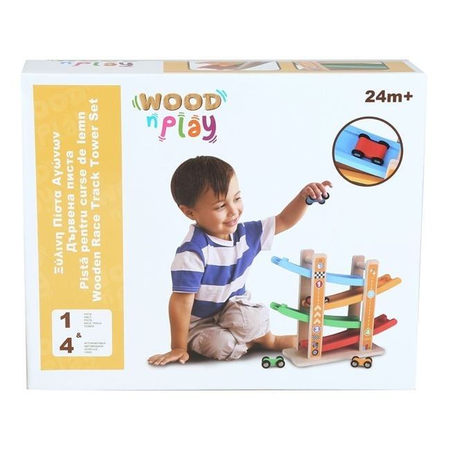 Дървена писта с колички/образователна състезателна писта с четири коли