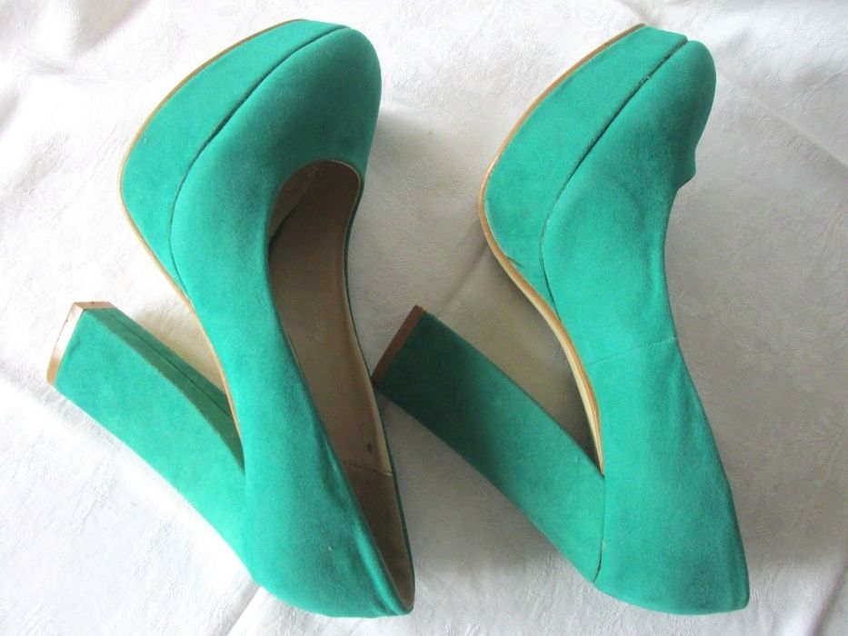 Pantofi dama, catifea verde smarald, toc inalt gros, masura 38