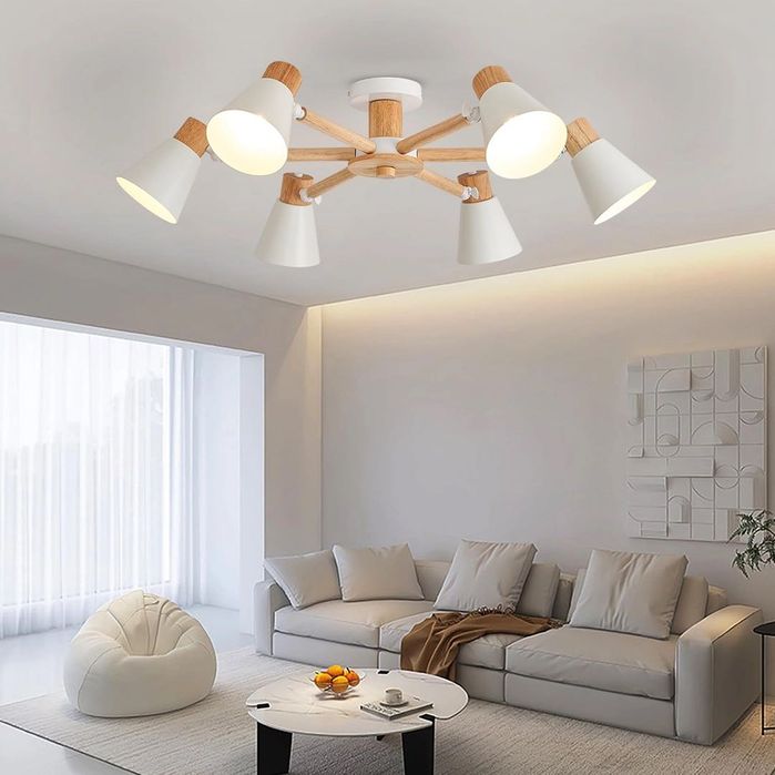 Mодерна таванна лампа дърво/бяло с 6 лампи