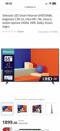 Televizor LED Smart HISENSE 55A6K, Ultra HD 4K, 139cm NOU  FACTURA