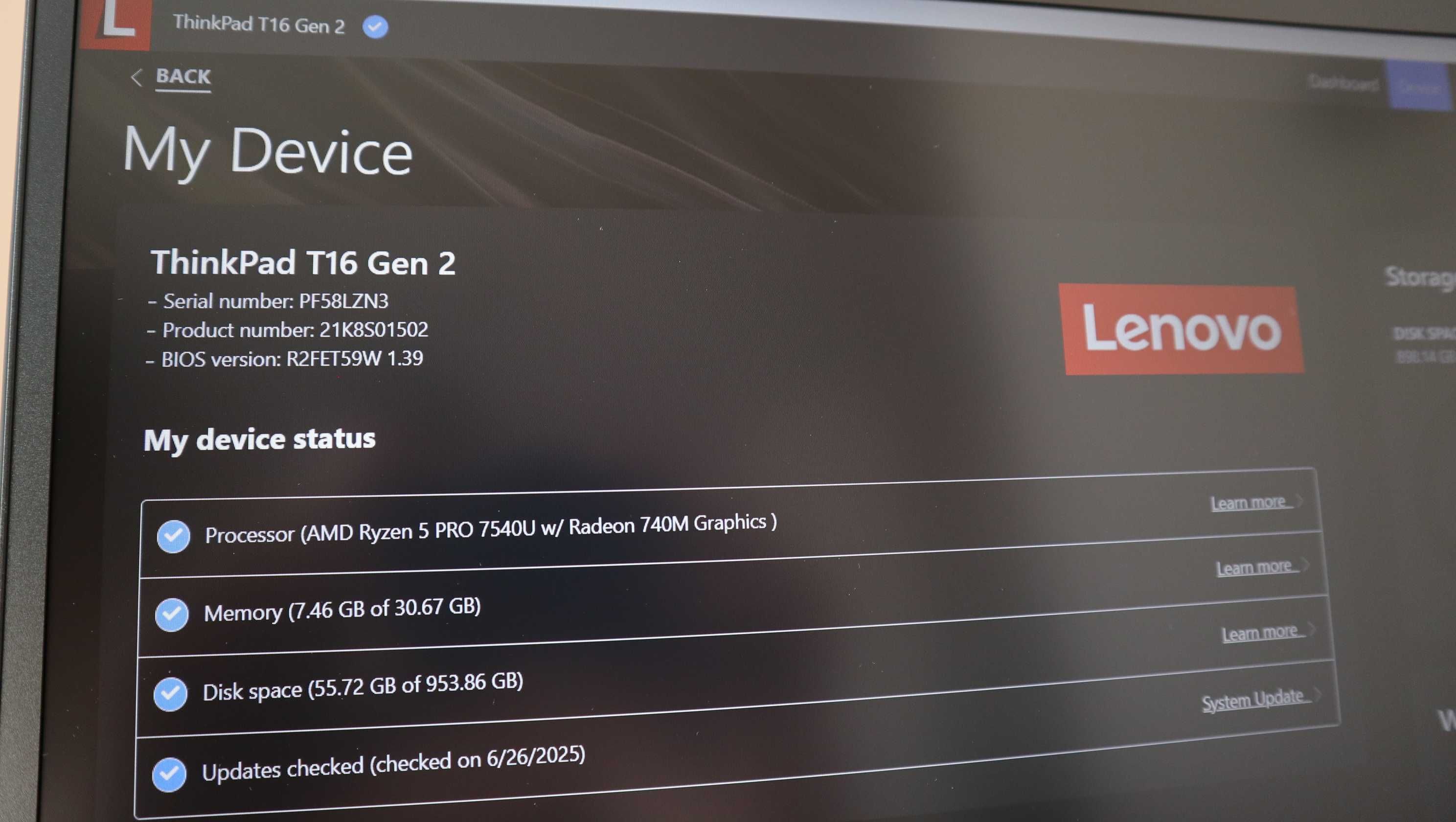 Lenovo ThinkPad T16 2 Gen AMD 740M 16" Touch/ Ryzen 7540U/SSD 1TB/32GB