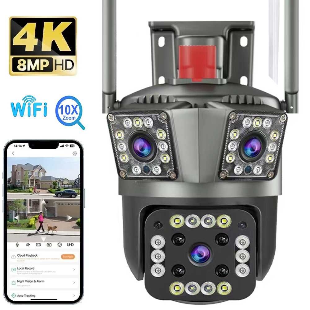 12MP PTZ WiFi 4K външна камера с троен обектив сензор движение IP CCTV