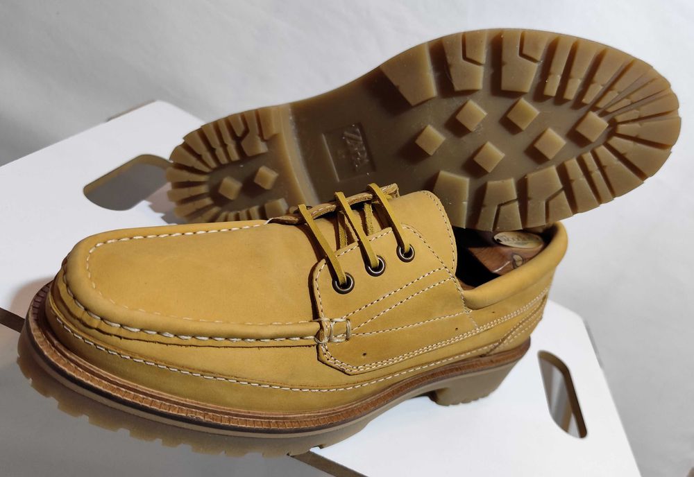 Pantofi derby 42 42.5 lace up boat ZARA NOI piele naturala nappa camel