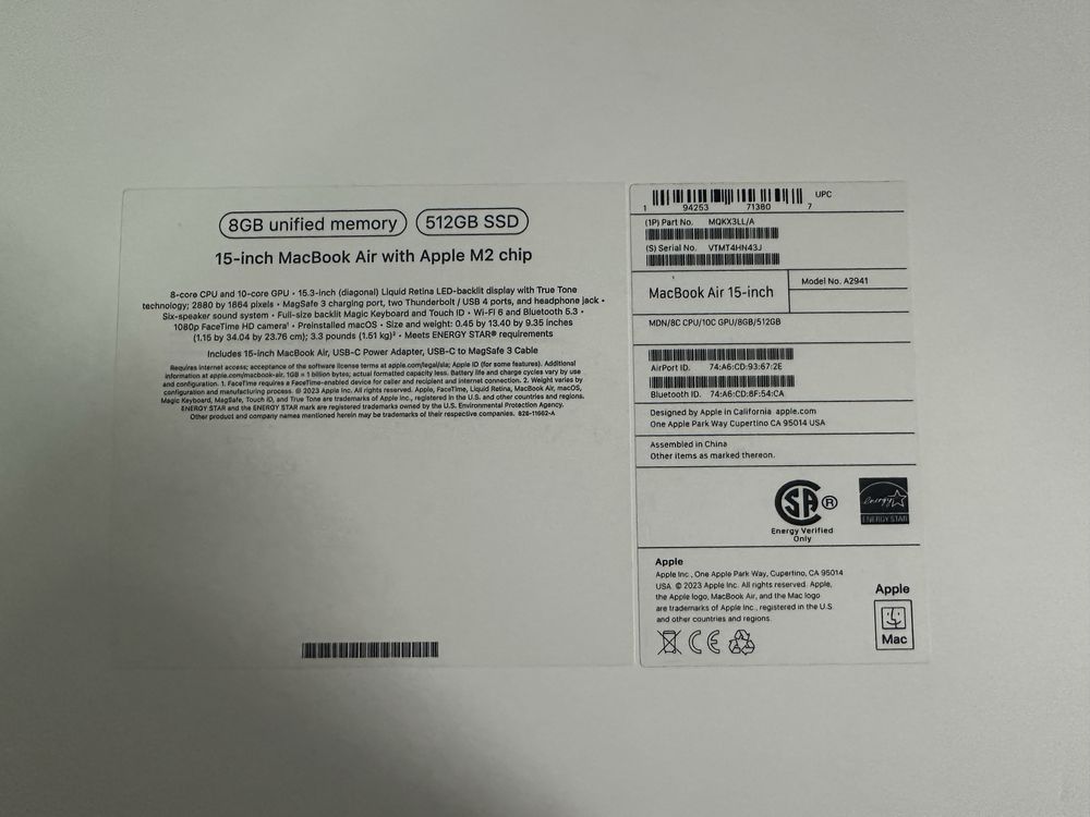 Macbook Air 15 m2 8/512