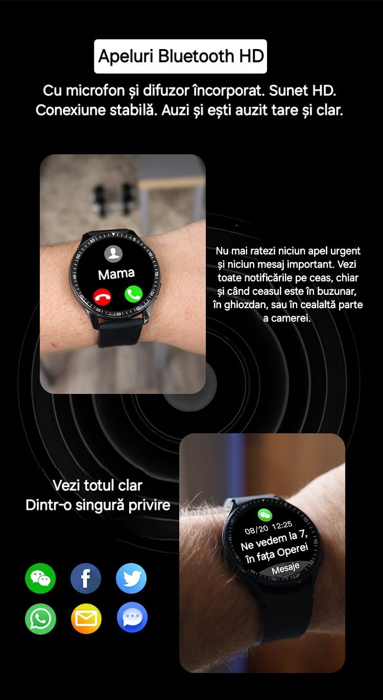 Smartwatch Bluetooth HD: apel/mesaje. Mod sport/fitness. Android&IOS.