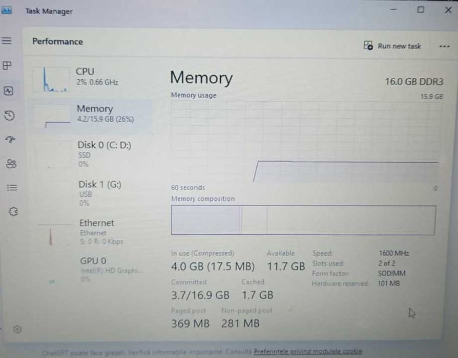 Laptop HP 250 G6, 15.6 Inch, Intel Core i5-6200U, 16Gb ddr3, SSD 128Gb