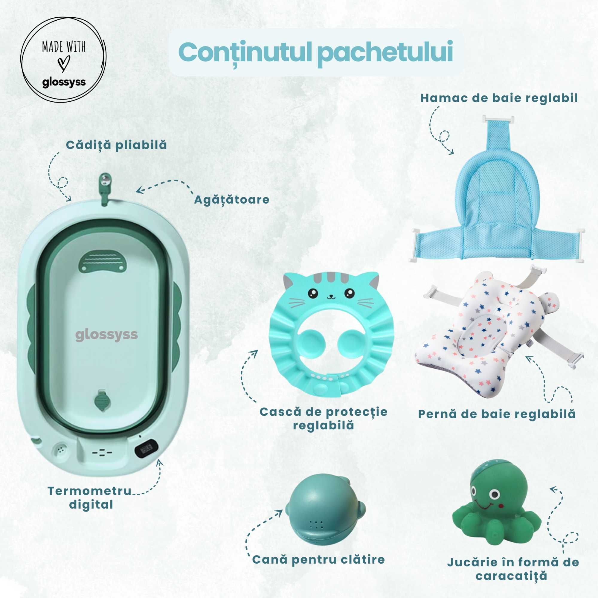 Cadita Pliabila si Evolutiva pentru baie bebe - 8 piese, Verde