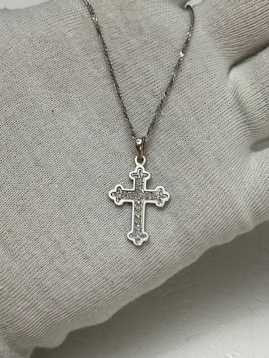 LANT + PANDANTIV AUR alb 18K - CRUCE - 16 Diamante = 0.16Ct - 5.6g !