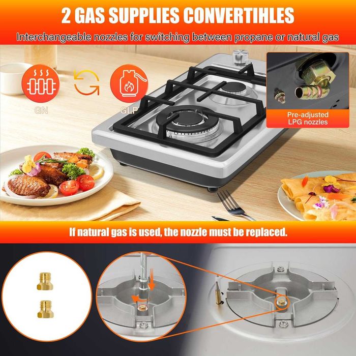 Газов котлон от неръждаема стомана, 2 горелки със защита,51 см x 31 см