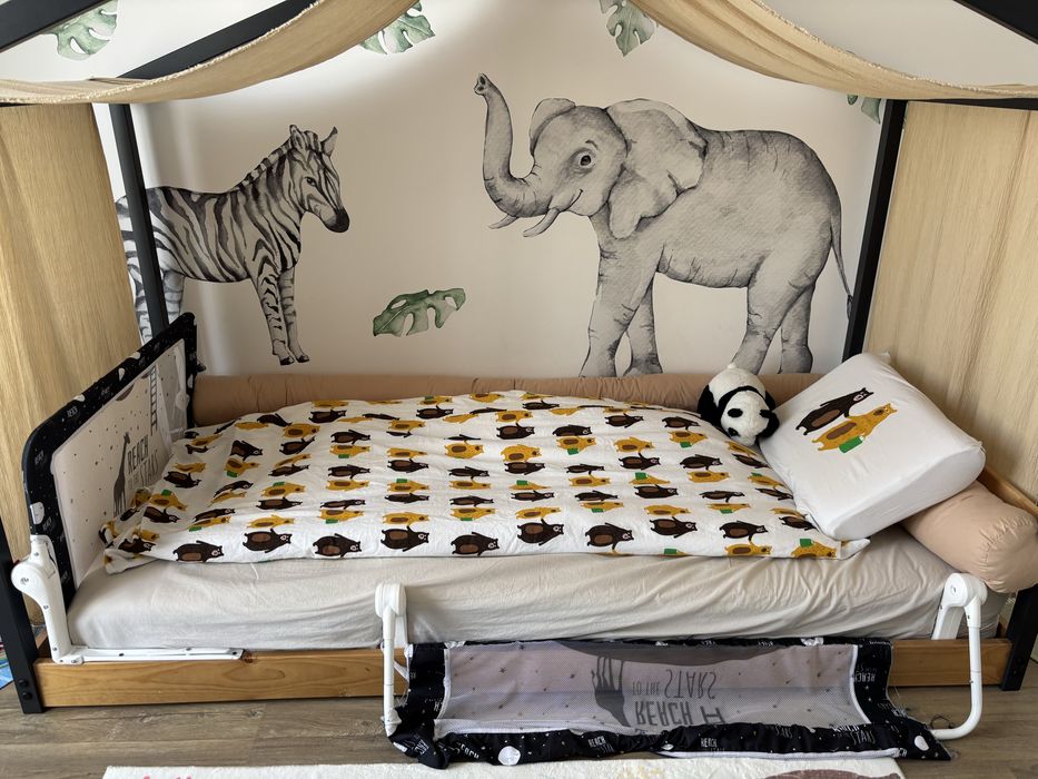 Pat tip casa cu somiera si saltea incluse 90x200