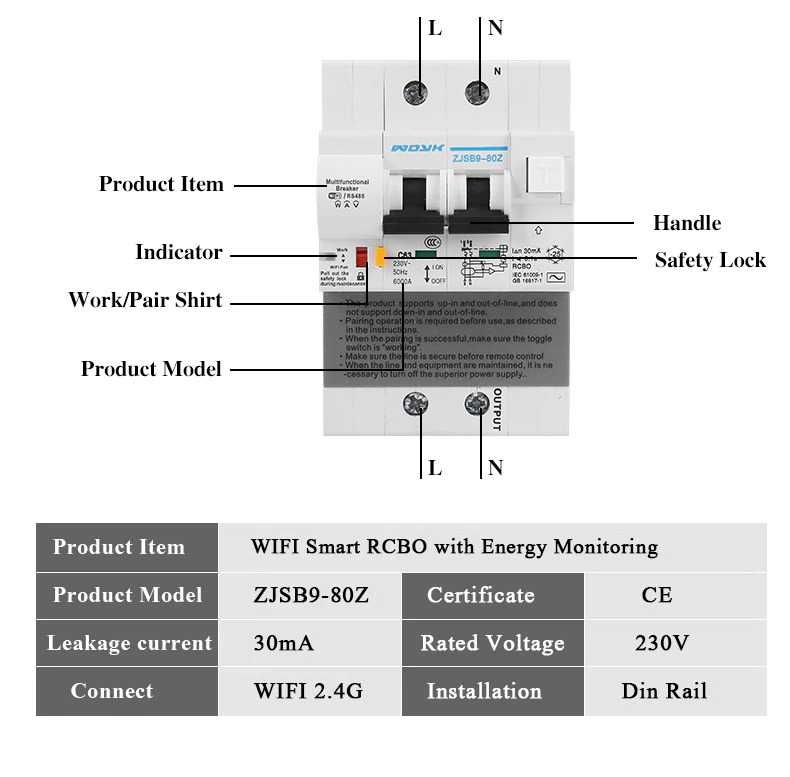 30mA RCBO WiFi Smart Breaker / Disjunctor diferential masurare energie