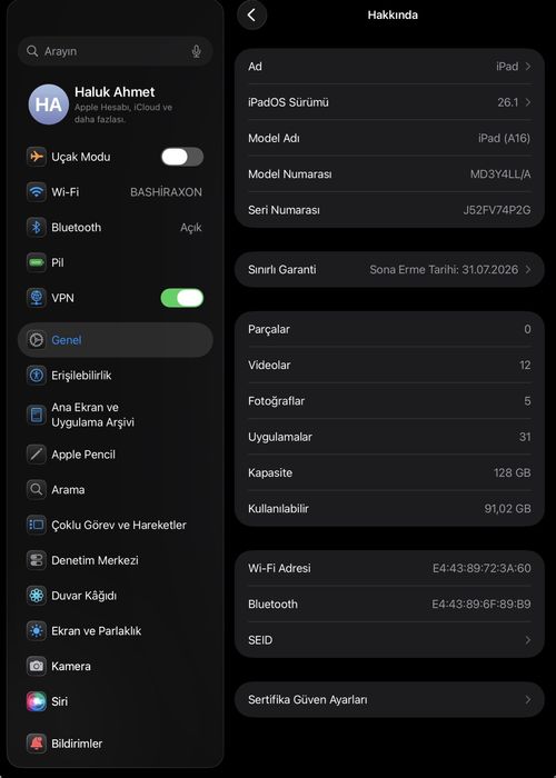 İpad 11 A 16 bionic chipli Siver Rangi