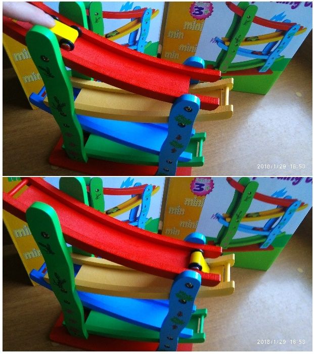 НАМАЛЕНИЕ! Цветна дървена писта на четири нива + четири колички НОВО!