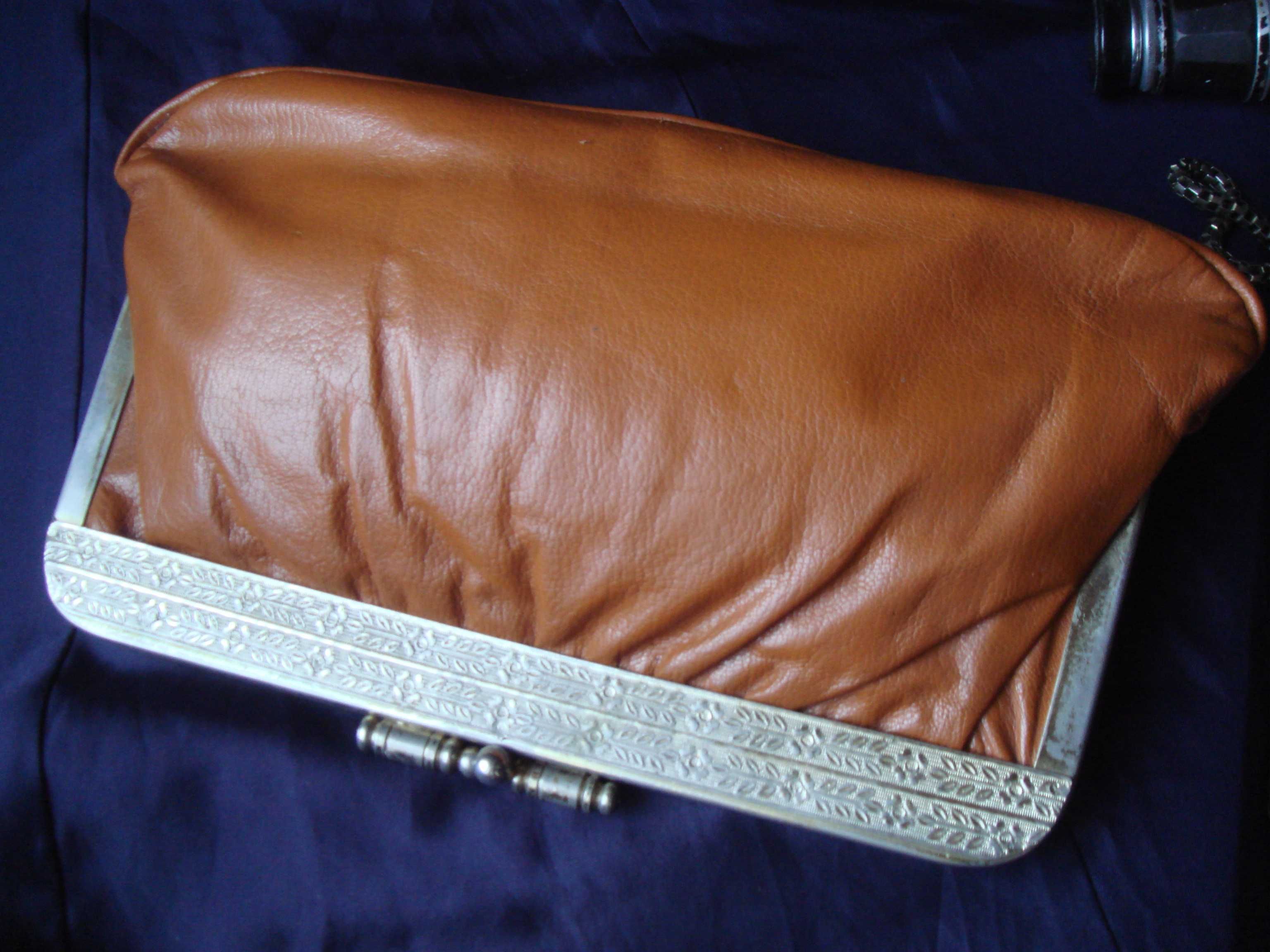 Старинная 50-х Клатч-сумка кожа 25см х 15см Мельхиоровая-посеребренная