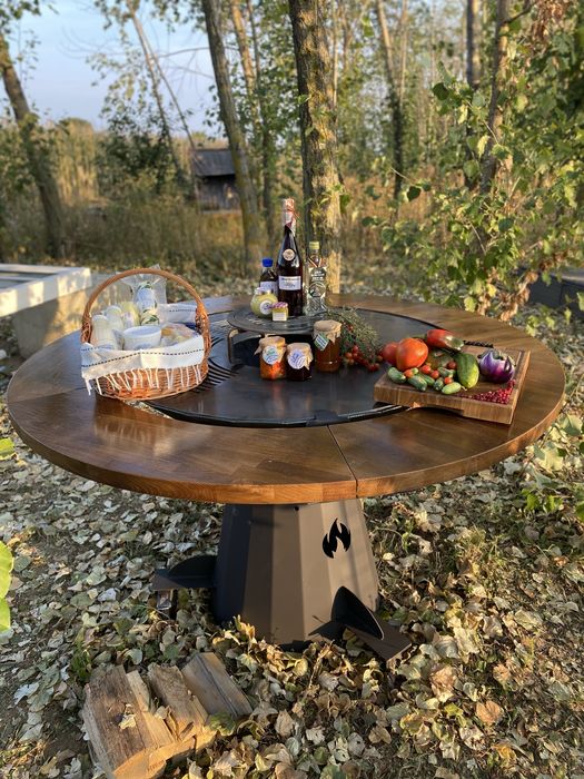 Grătar rotund plita si blat de stejar