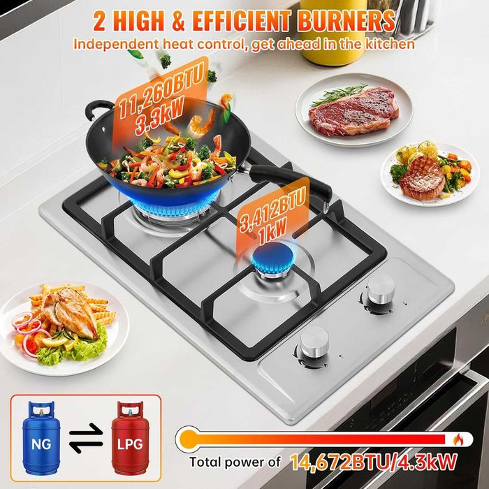 Газов котлон от неръждаема стомана, 2 горелки със защита,51 см x 31 см