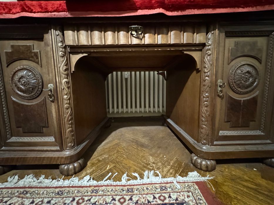 Set mobilier antic:birou masiv+bibliotecă vitrină, stil Neo-Renaștere