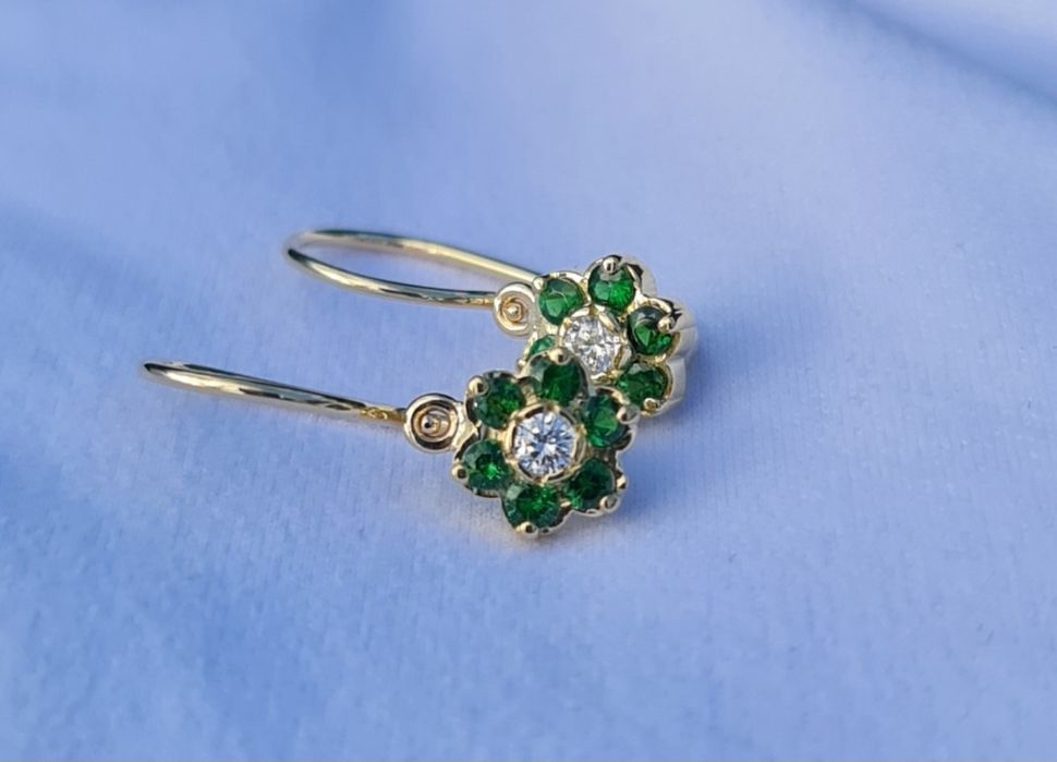 Cercei aur galben 14k diamante și tsavorite naturale