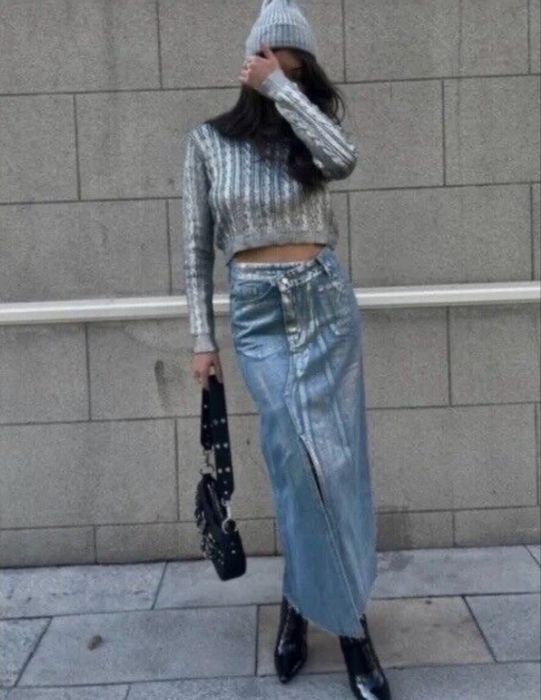 Уникална сребриста дънкова пола Zara