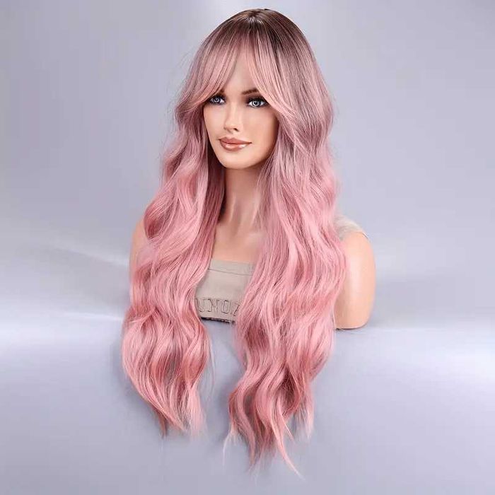 Розова омбре перука с тъмни корени и дълъг бретон