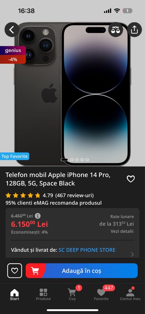 Telefon mobil Apple iPhone 14 Pro, 128GB, 5G, Space Black