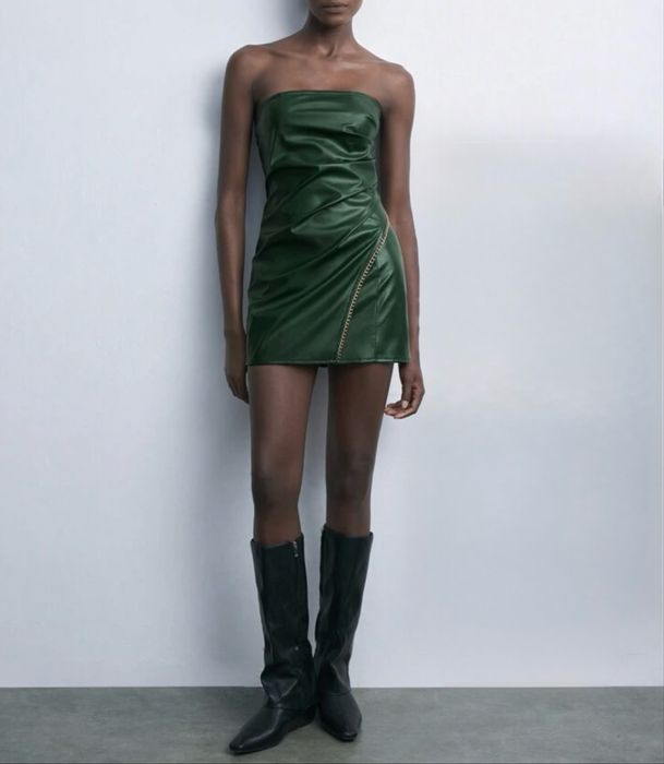 Тъмнозелена кожена рокля