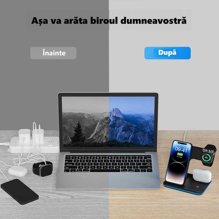 Incarcator telefon Wireless 3in1 15 W, Compatibil , Suport incarcare