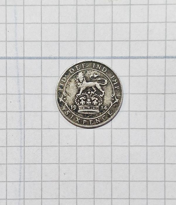 Monedă rară Sixpence 1914 – Regele George V – Argint Sterling 92,5%