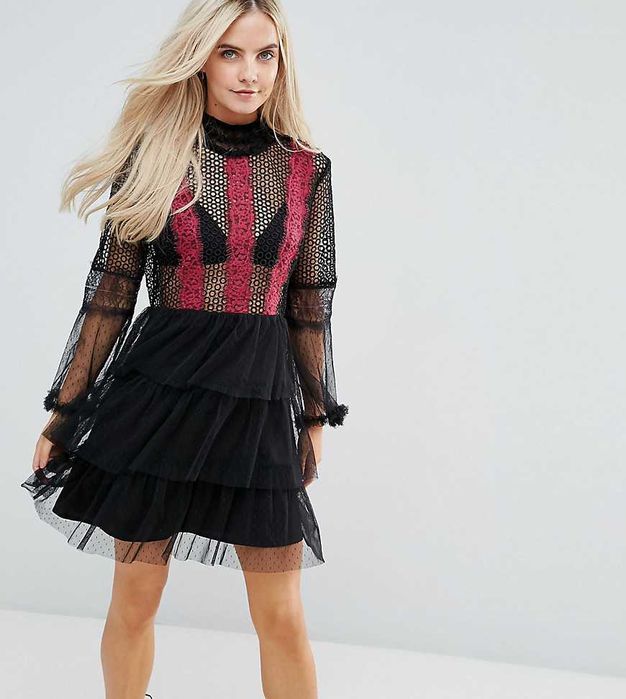 Rochie brodata cu tulle si maneci evazate White Cove - MARIME XS/S