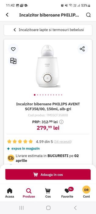 Incalzitor biberoane PHILIPS AVENT SCF358/00, 150ml, alb-gri