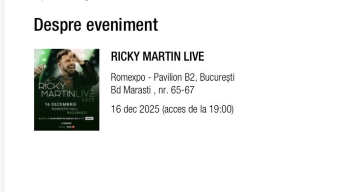 Vand 2 bilete concert Bucuresti Ricky Martin 16.12.2025