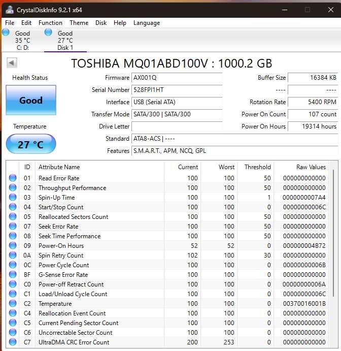 Hard Disk Laptop Toshiba 1TB SATA 5400rpm TESTAT