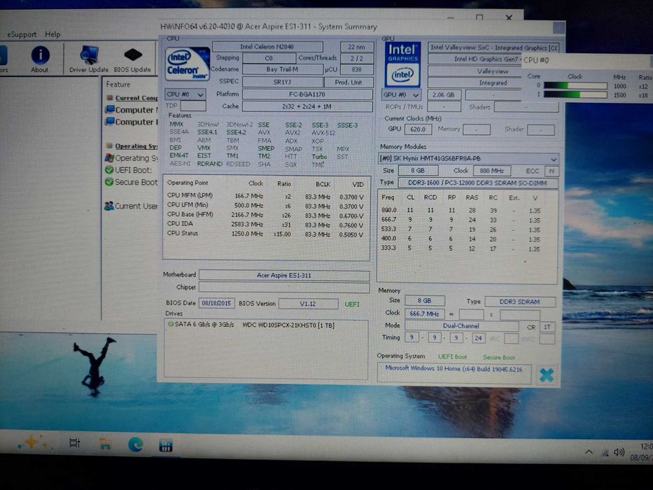 Laptop Acer Aspire, Intel 2,16 GHz, 8 GB DDR3, 1 TB HDD, diagnoză auto