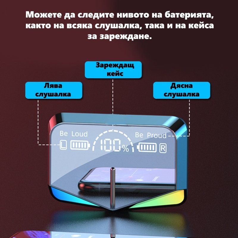 Безжични стерео слушалки със зареждащ кейс и огледало