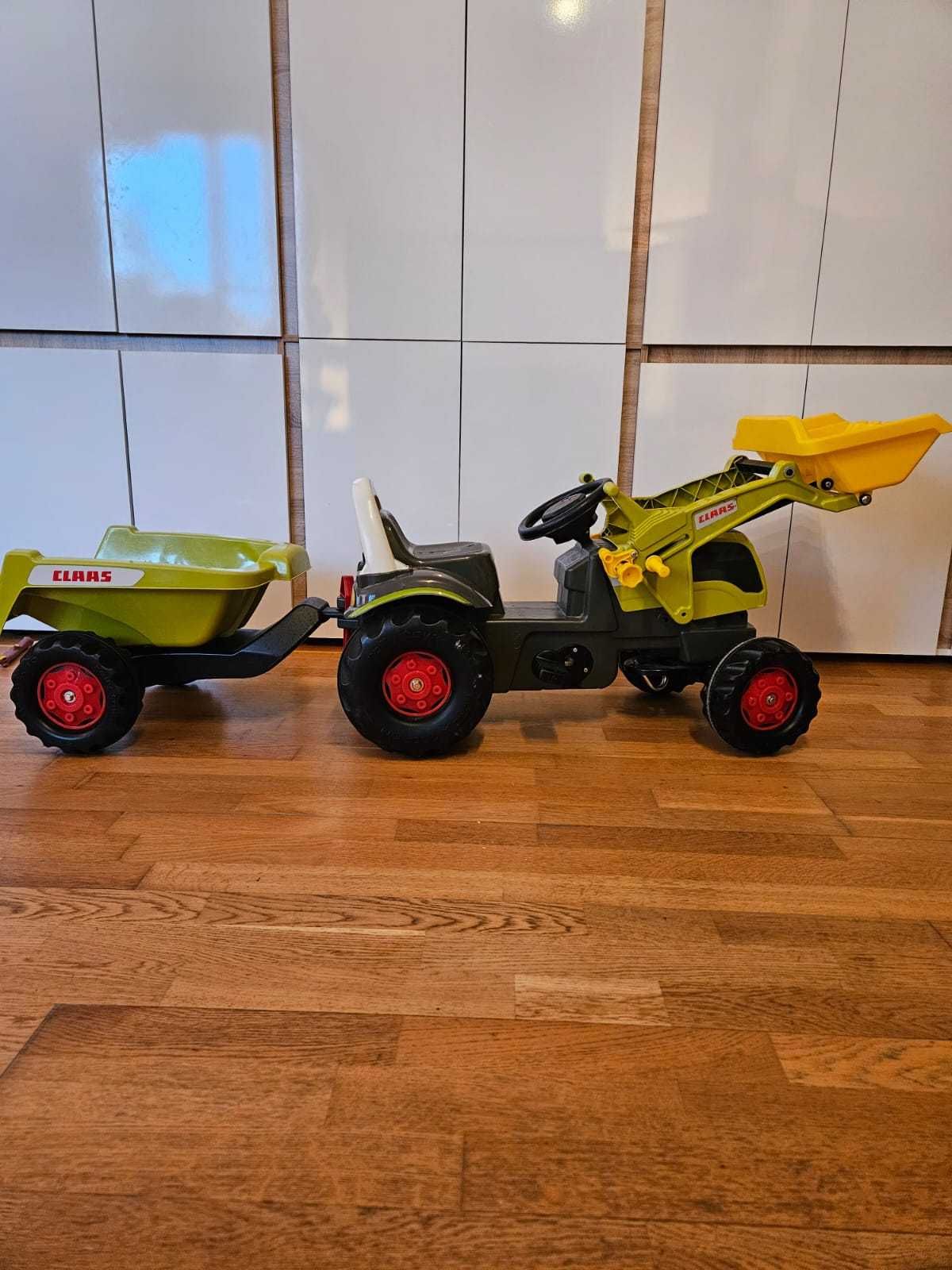 Детски трактор Claas челен товарач, ремарке и багер Rolly Toys запазен