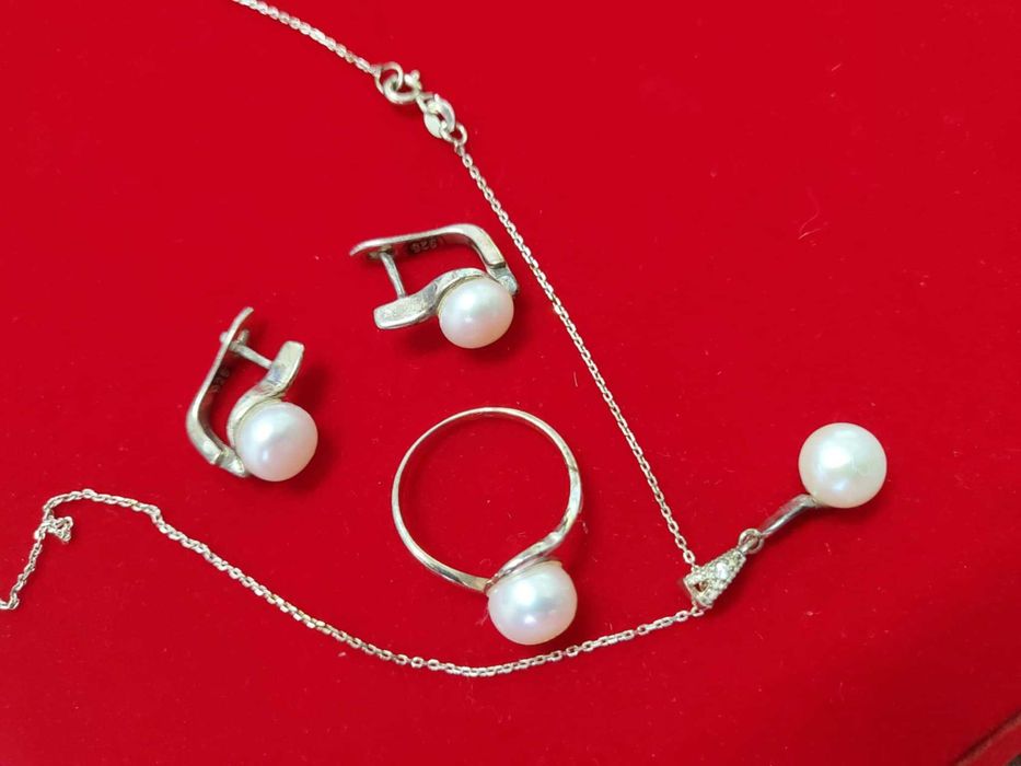 AG231,set argint 925, marcat, perlute cultura,4 piese, ideal cadou