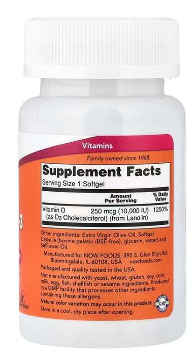 NOW Foods, витамин D3, высокоактивный, 10 000 МЕ, 120 капсул