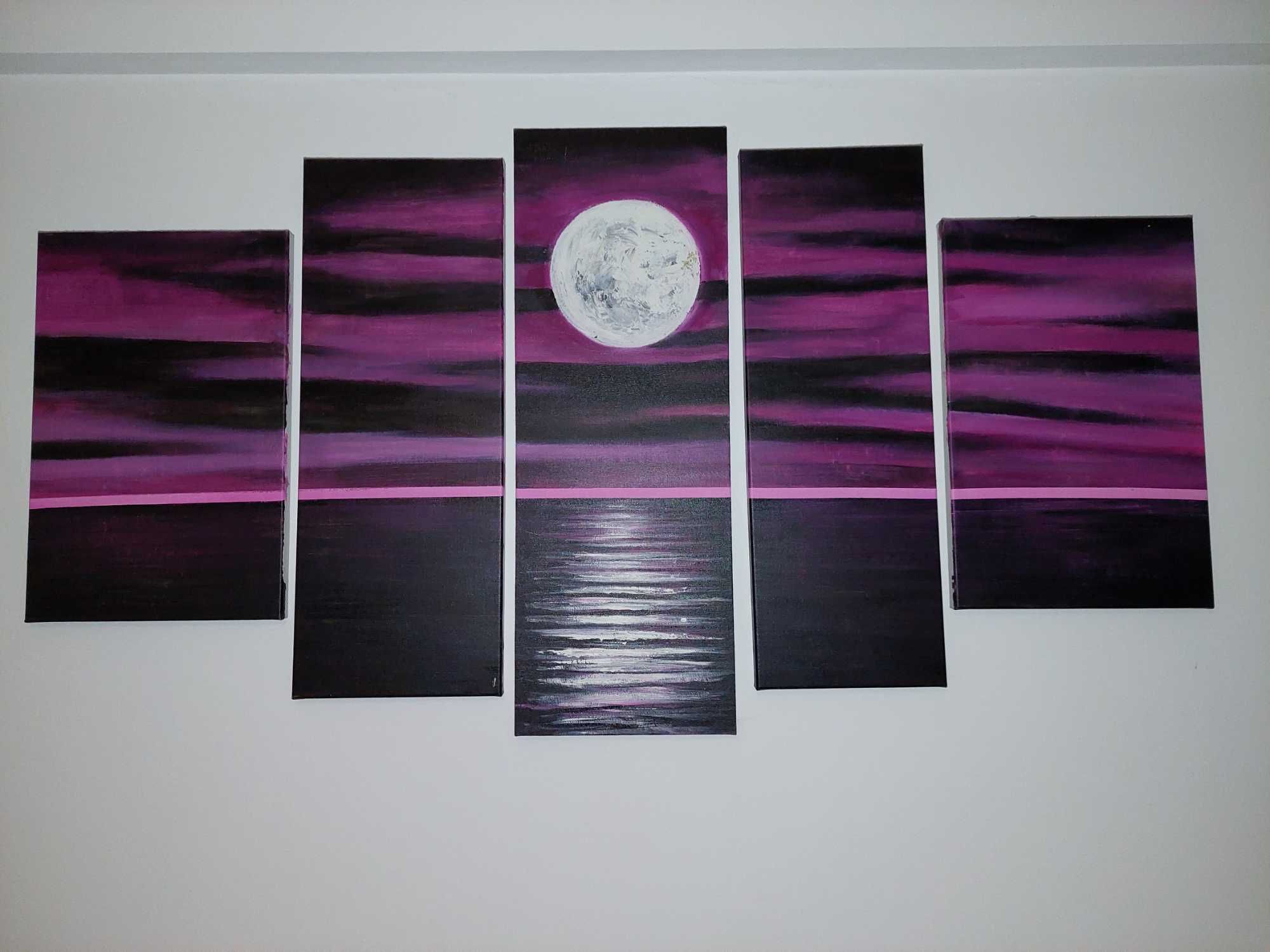 Tablou lună plină, pictură pe pânză, violet, înrămat, 5 elemente