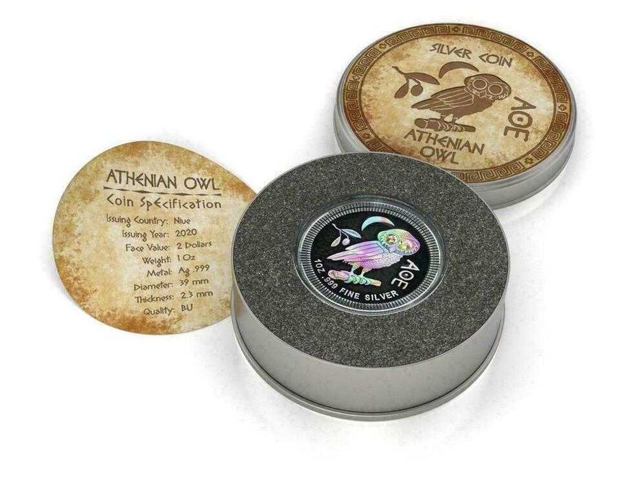 $2 Niue2020 Атинска сова 1 Oz Ruthenium'n'Holo+Swarovski