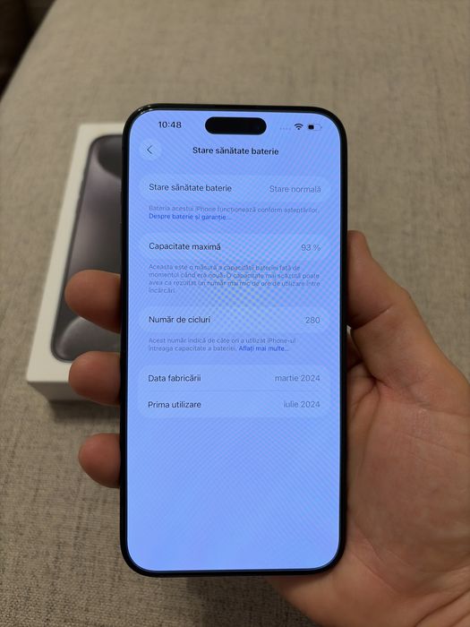 iphone 15 pro max 256gb black titanium, ca nou, ,baterie 93%