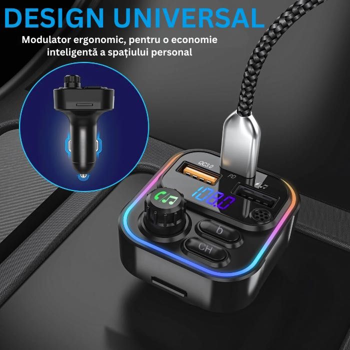 Modulator FM Bricheta NETSTAT® Bluetooth 5.3 QC3.0+PD20W RGB Negru