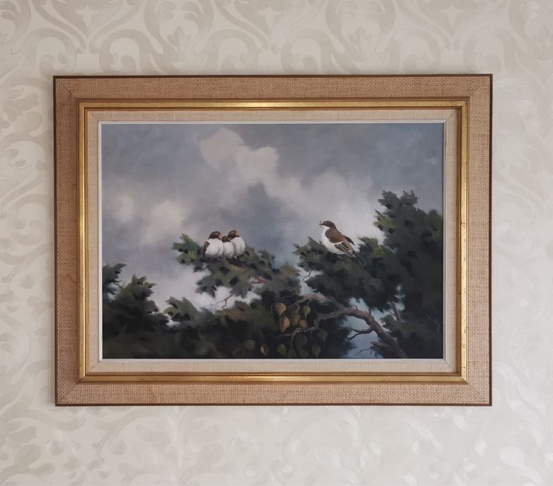 Антикварна картина в рамка и паспарту УОЛТЪР ЛИЛЕНБЕРГ „ПТИЦИ НА КЛОН“