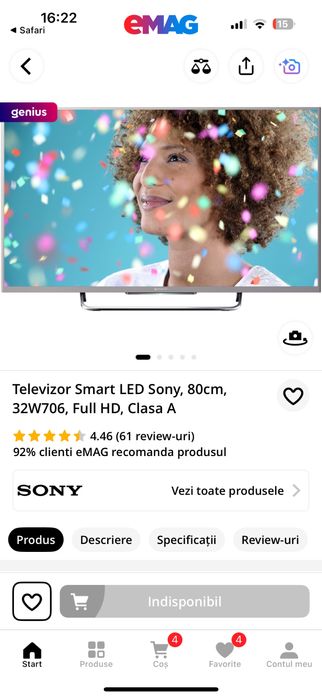 Televizor Smart LED Sony, 80cm, 32W706, Full HD, Clasa A