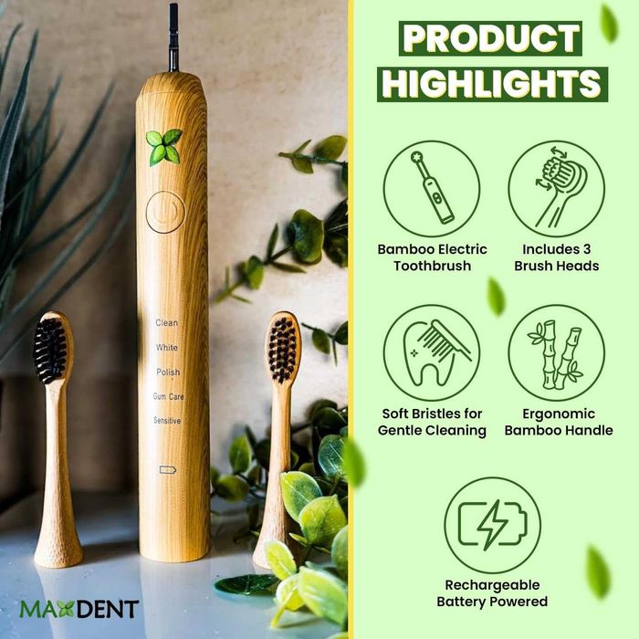 Акумулаторна електрическа четка за зъби Maxdent от бамбук, 3 глави