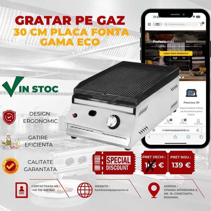 Gratar/Plita Inox Gaz 30 Cm,50 Cm,70 Cm,100 Cm DREPT,STRIAT,MIX