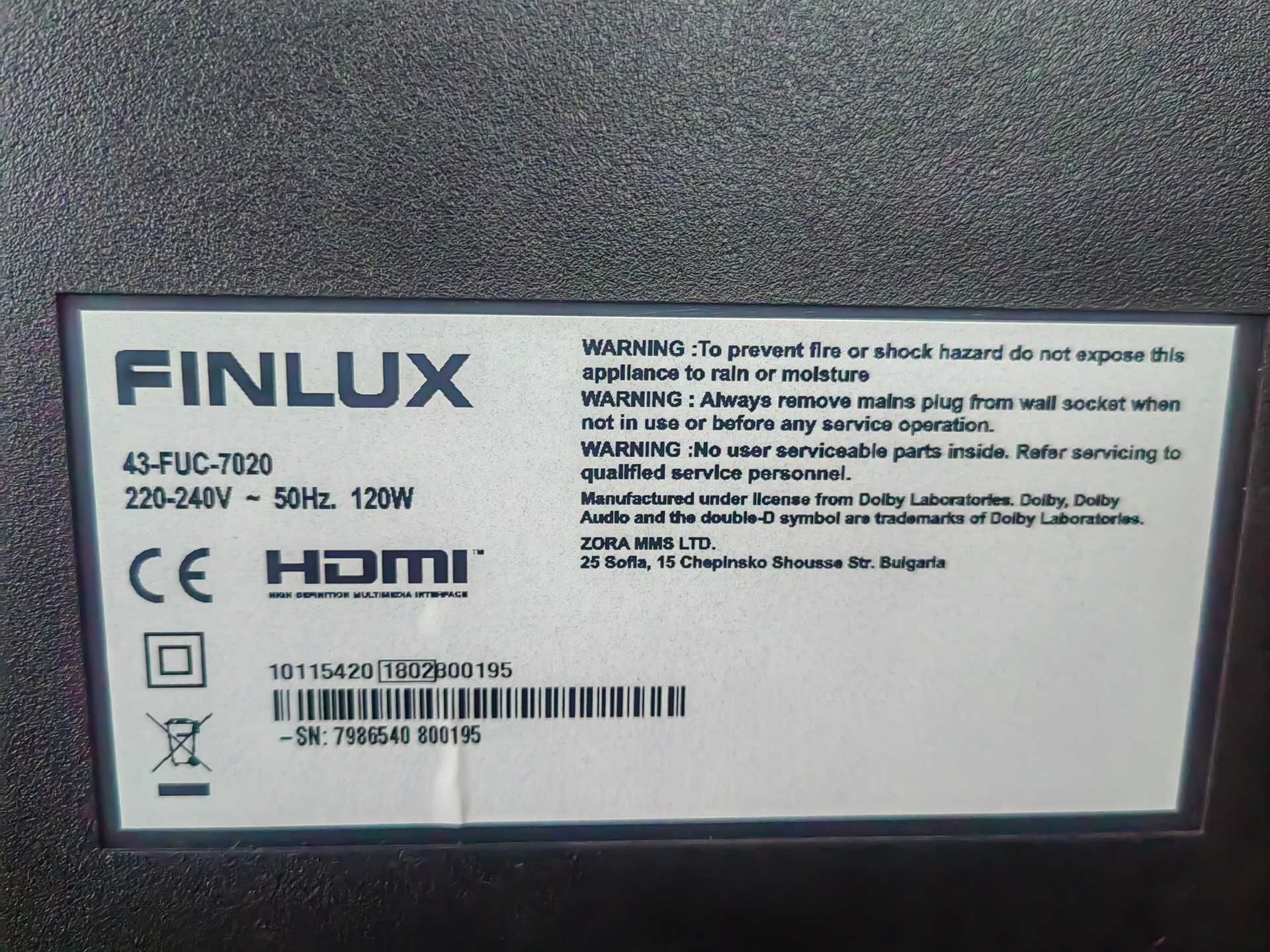 Телевизор Finlux 43-FUC-7020, 43" 4K UHD Smart LED TV, DVB-T2/C