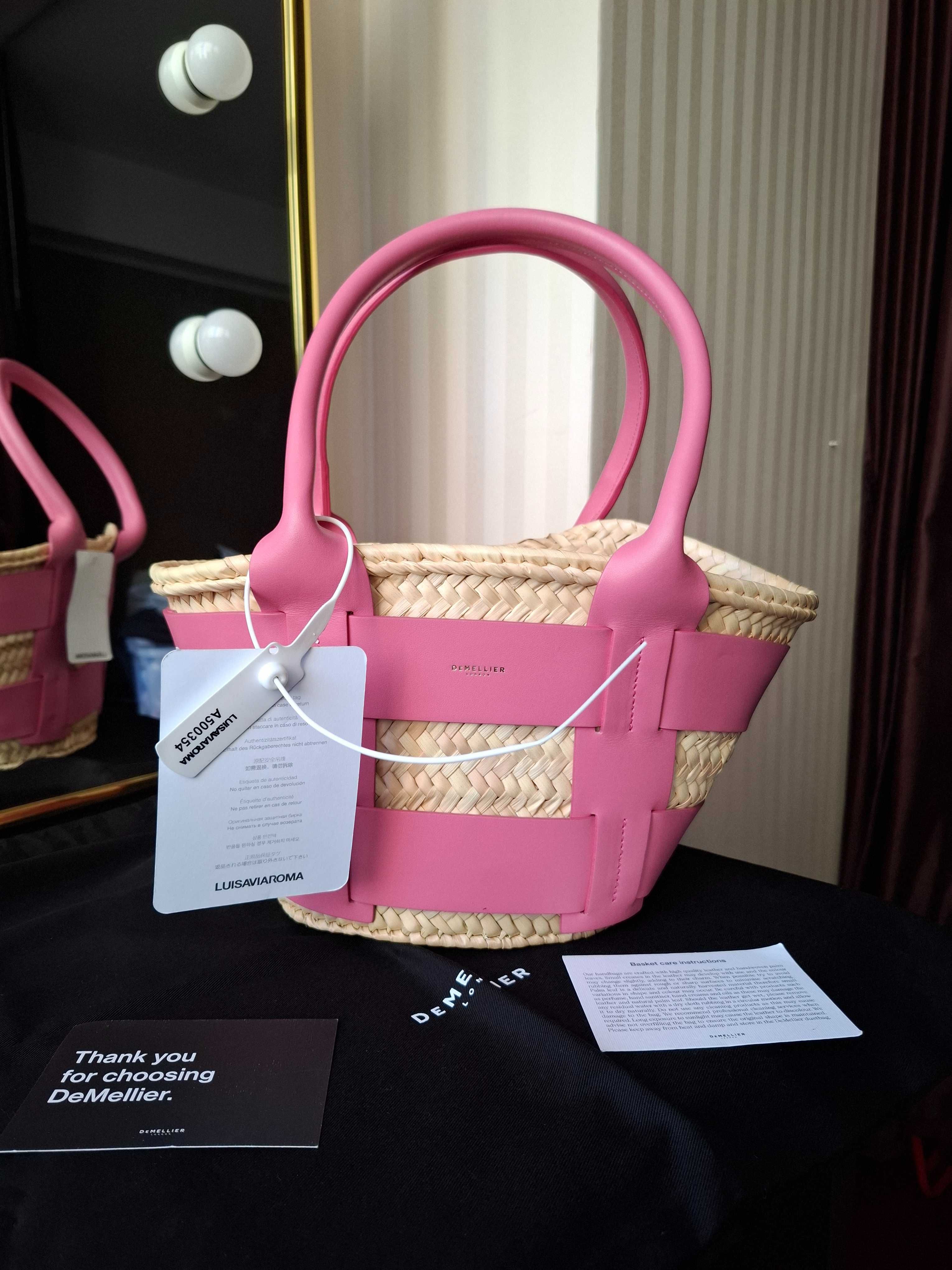 DEMELLIER Geanta De Plajă Originală Pink Mini Santorini Raffia Tote