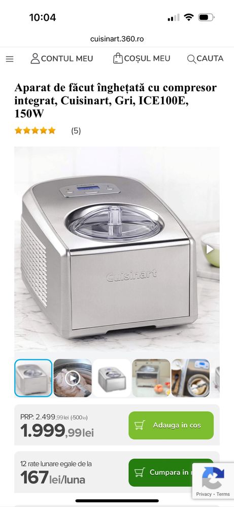 Aparat de facut inghetata cu compresor integrat Cuisinart ICE100E
