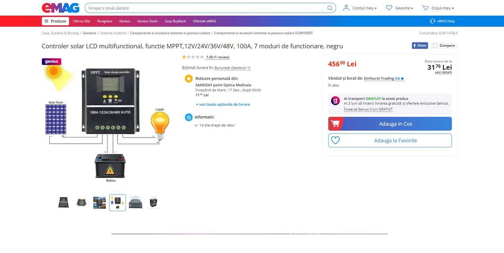 REDUS de la 460RON, Controler incarcare bateri 4800W, MPPT 12-48V 100A