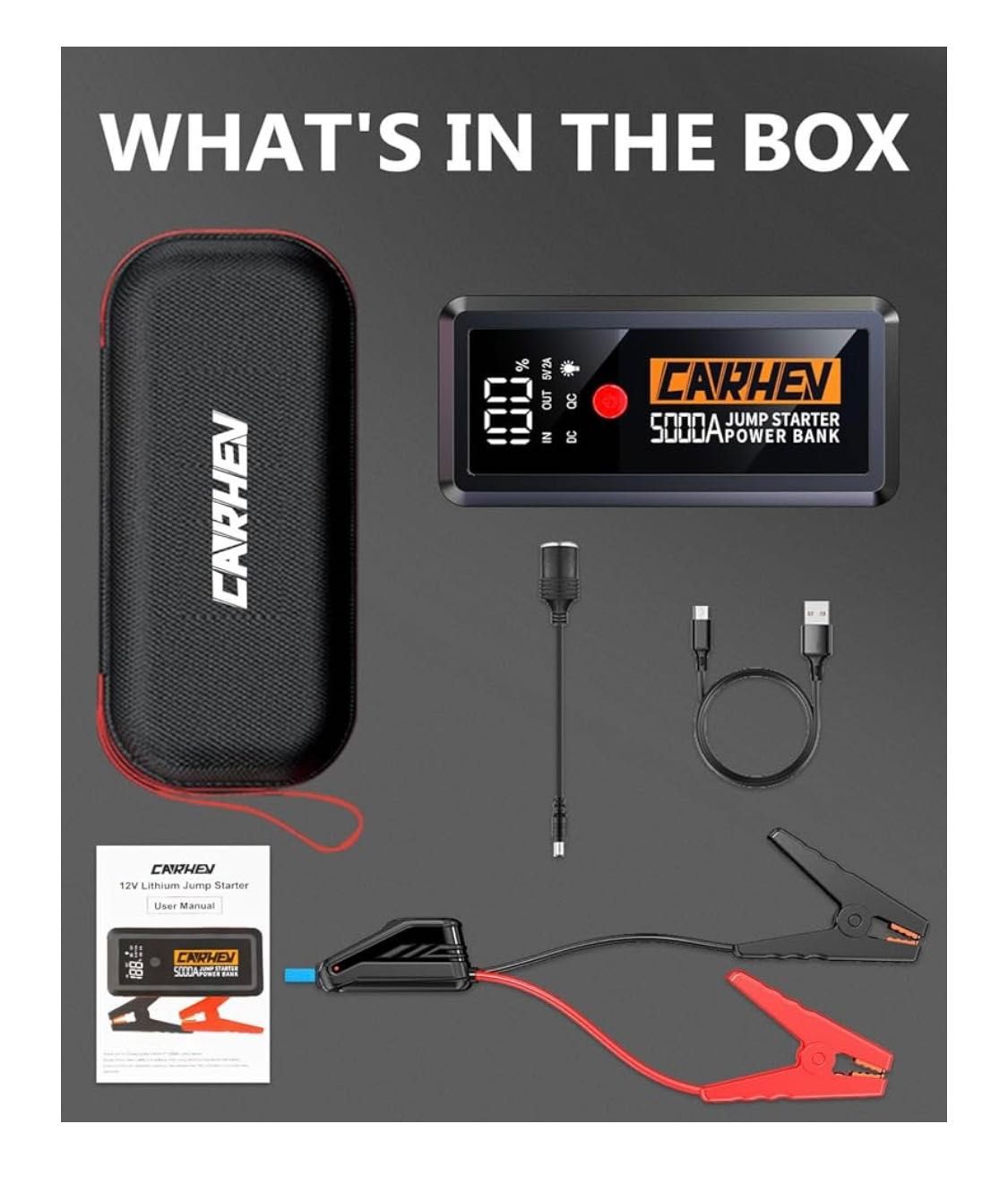 CARHEV 5000A Jump Starter Power Pack, Car Battery Booster Jump Starter